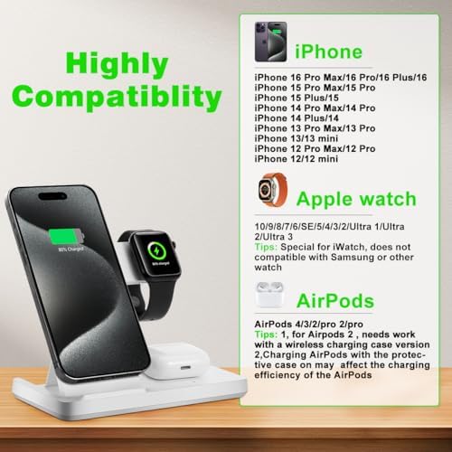 Revolutionary 3-in-1 Magnetic Wireless Charging Station for Mag Safe i Phone 12-16 Series, Effortless Charging Hub for Apple Watch (Series 2-10, Ultra, SE) & Air Pods (3, 2, Pro) – Rapid Charge Technology, Space-Saving Design, Ultimate Device Compatibility and Durability