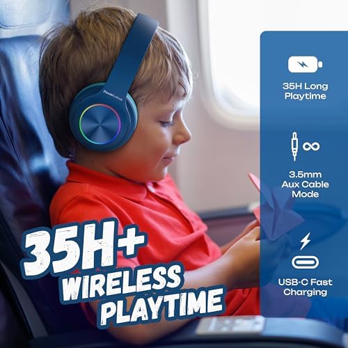 Vibrant Power Locus PLED Kids Bluetooth Headphones – Safe Volume Control (74/85/94 d B), Fun LED Lights, Hi-Fi Sound, Built-in Microphone & Multi-Connectivity for Travel, Learning & Play – Perfect Over-Ear Design for Children