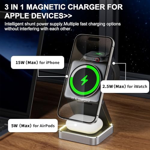 Revolutionary 2025 3-in-1 Magnetic Wireless Charging Station with Adjustable Night Light – Ultimate Portable Charger for i Phone 12-16, Apple Watch, & Air Pods – Enhanced Safety, Foldable Design, and Quick Charge Adapter Included for Seamless Device Power-Up