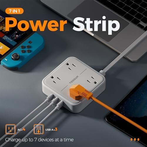 TESSAN Compact Flat Plug Surge Protector Power Strip with 4 AC Outlets and 3 Fast-Charging USB Ports – 5 ft Extension Cord for Office, Dorm, and Travel – 900 J Surge Protection for Enhanced Device Safety and Clutter-Free Organization