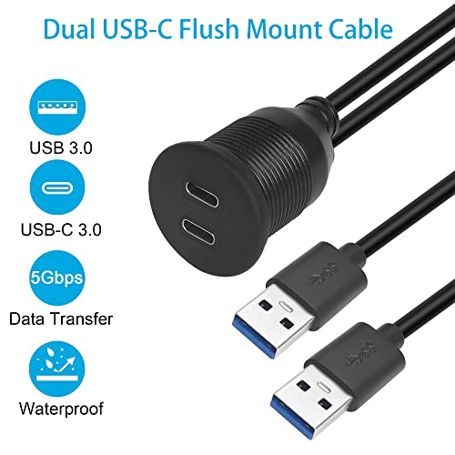 QIANRENON Waterproof Dual USB C 3.0 Extension Cable Adapter – 1 m Panel Mount for Car, Boat, Truck & Motorcycle – High-Speed Data Transfer & Enhanced Compatibility for Outdoor Use