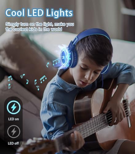 Vibrant Blue Kids Bluetooth Headphones with LED Lights – Safe Volume Limiter (85/94 d B) for Ear Protection – Fast USB Type C Charging – Comfortable On-Ear Design for School & Travel – Integrated Microphone for Clear Online Communication – Perfect for Boys & Girls