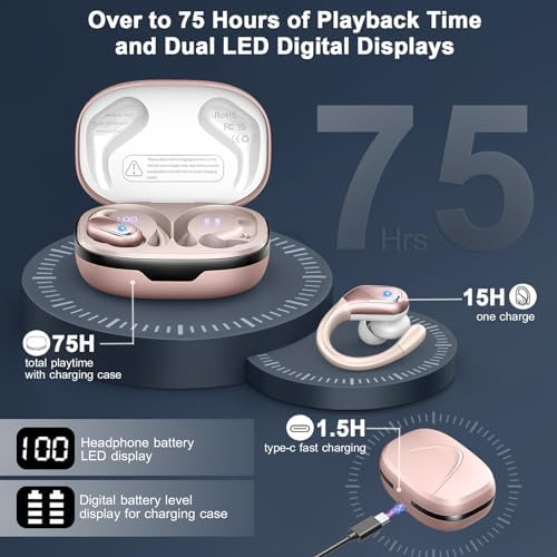 Ultimate Wireless Sport Earbuds with 75-Hour Playtime, Bluetooth 5.4 Connectivity, and IP7 Waterproof Rating – Noise-Canceling Earphones with Deep Bass for Gym, Running, and Outdoor Activities – Enhanced Comfort and Stability for Active Lifestyles