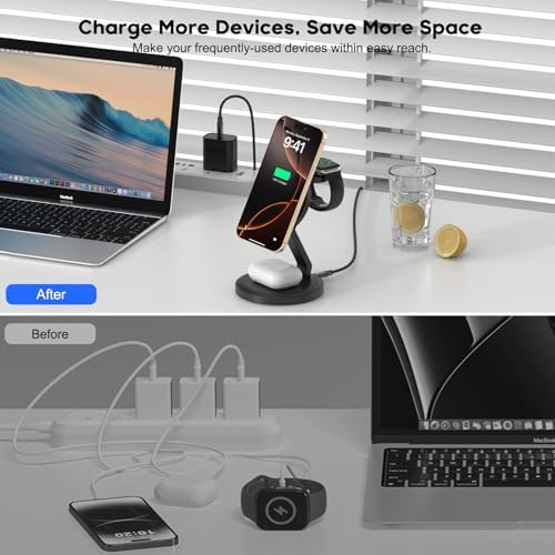 Ultimate 3-in-1 Magnetic Wireless Charging Station for Apple Devices – Foldable Design with Enhanced Magnetic Alignment for i Phone 16/15/14/13/12, Apple Watch Series 9/8/7/6/SE, and Air Pods Pro/2/3/4 – Fast Charging with 20 W PD Adapter and USB-C Cable Included – Travel-Friendly, Compact, and Efficient Power Solution for All Your Apple Gear – Experience Seamless Charging with Superior Stability and Optimized Viewing Angles, Perfect for Home, Office, or On-the-Go Use – Elevate Your Charging Experience Today!