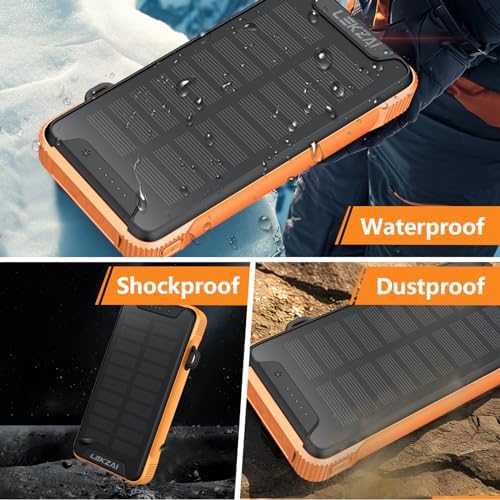 Lekzai 20,000 m Ah Solar Power Bank – Advanced Wireless Fast Charger with USB-C PD 20 W, Outdoor-Ready External Battery Pack Featuring LED Flashlight for Camping & Adventures in Vibrant Orange – Ultimate Compatibility & Speed for All Devices