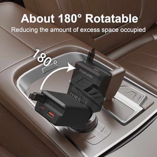75 W Retractable Car Charger – 3-in-1 Fast Charging Adapter with 30-Inch Type C Cable and Dual USB Ports, Perfect for i Phone 16/15 Series, i Pad, Galaxy, Pixel, and Laptops – Ultimate Compatibility and Space-Saving Design for On-the-Go Power