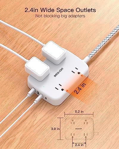 10 FT BESHON Surge Protector Power Strip with 4 Outlets & 4 USB Ports – Flat Extension Cord with 2 USB-C for Fast Charging – Space-Saving Flat Plug Design – 900 Joules Surge Protection for Home, Office & Dorm Room Essentials – Ultimate Power Management Solution
