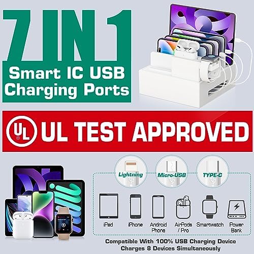 Sustainable Bamboo USB Charging Hub with 7 Ports – Elegant Multi-Device Organizer for Smartphones, Tablets, Smartwatches, and Earbuds – Fast Charging Solution with Dedicated Holders for Tidy Power Management and Stylish Home Décor