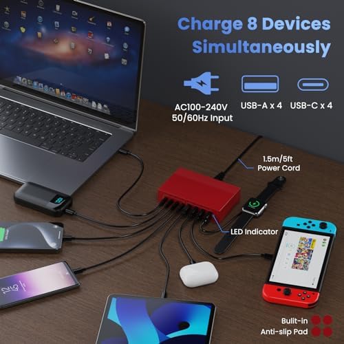 Revolutionize Your Charging Experience: 200 W Ga N III USB C Travel Charger Hub – 8-in-1 Multi-Device Fast Charging Station for Mac Book Pro, Dell XPS, i Phone 16/15/14 & Galaxy S24 – Compact, Lightweight Design with PD 65 W Power Delivery & Enhanced Compatibility – Stylish Purple Finish for Tech Enthusiasts