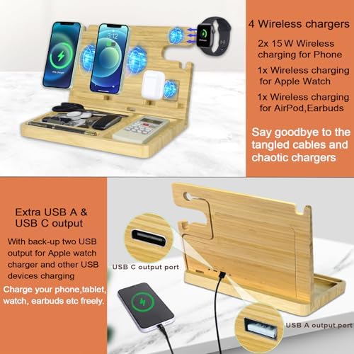 Eco-Friendly Wood Phone Docking Station with Dual 27 W Fast Charging for i Phone, Samsung, Apple Watch & Air Pods – Stylish Nightstand Organizer and Ideal Gift for Men and Women on Birthdays or Anniversaries