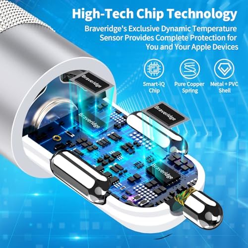 Braveridge 66 W Dual Port USB-C Car Charger for i Phone 16 – MFi Certified Fast Charging with Type-C Braided Cable – Enhanced Compatibility for i Phone 16/16 Pro Max/15/15 Pro/i Pad – Ideal for Road Trips and On-the-Go Power Solutions