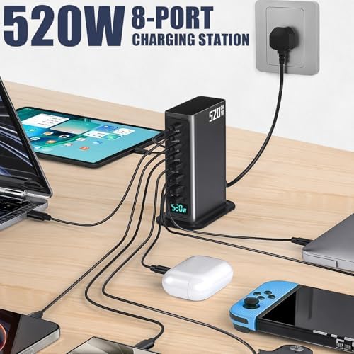 520 W Ga N USB C Fast Charging Station – 8-Port Multi-Device Charger with Dual 100 W PD3.1 PPS Ports for Rapid Laptop and Smartphone Charging – Ideal for Mac Book, i Phone 16, i Pad & More – Compact, Durable, and Smart Technology for Efficient Power Management