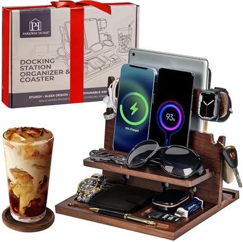 Premium Black Wood Multi-Device Docking Station – Sleek Nightstand Organizer with Hidden Drawer for Valuables, Ideal for Phones, Tablets, Apple Watch, Keys, and EDC Essentials – Streamlined Charging and Elegant Design for Home or Office