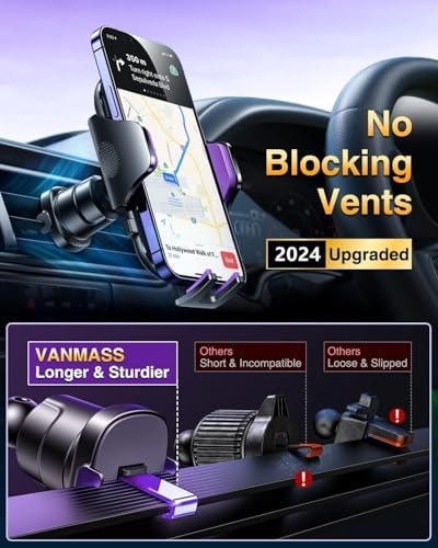 VANMASS Military-Grade Car Phone Holder – Maximum Durability for i Phone 16, 15 Pro Max, 14, 13 & Android Devices – Ultimate Dashboard, Windshield & Vent Mount with Secure Suction & Clip Mechanism for Safe Navigation – 360-Degree Adjustable Viewing for Effortless Access – Heavy-Duty Cell Cradle for Confident Driving