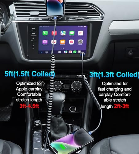 Premium Coiled Lightning Charger Cable for Car – 2-Pack with 3 FT & 5 FT Lengths, MFi Certified Retractable Cord for i Phone 14/13/12/11 Pro Max/XS MAX/XR/XS/8, i Pad & i Pod – Fast Charging & Enhanced Compatibility for Effortless Power on the Road