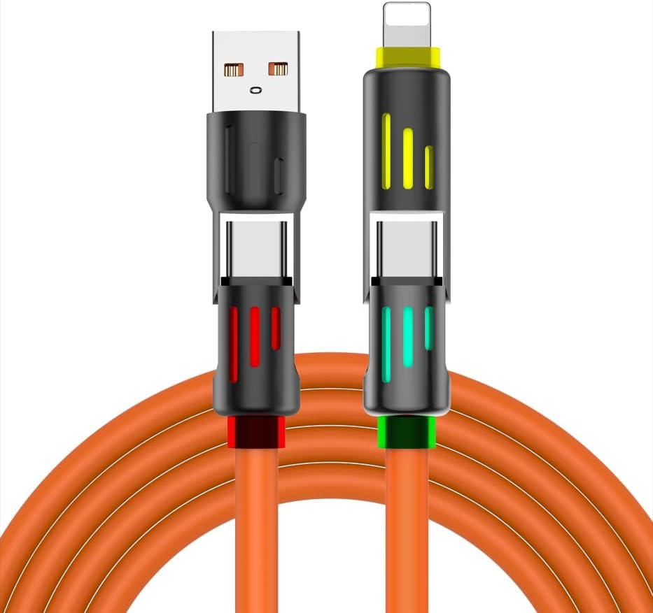Universal 4-in-1 USB Charging Cable for Lightning, USB A & Type C Devices – 240 W Fast Charging Solution for i Phone 16/15/14/13, i Pad, Samsung Galaxy, Mac Book – Durable Tangle-Free Design for Effortless Power Delivery Anywhere