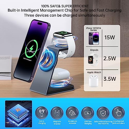 Innovative 3-in-1 Magnetic Wireless Charging Station for i Phone, Apple Watch & Air Pods – Swift, Tangle-Free Power Hub for i Phone 15/14/13/12 & Apple Watch S2-S9 – Chic Grey Aesthetic Perfect for Modern Interiors – VASIVO Robust Construction & Universal Device Compatibility