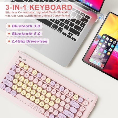 SADES Retro Wireless Bluetooth Keyboard for Mac, i Pad, i Phone, PC & Android – Multi-Device Connectivity & Portable Design with Vintage Round Keycaps – Perfect for Effortless Typing on the Go in Chic Pink