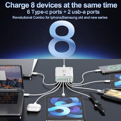 240 W High-Speed 8-Port Charging Station – Multi-Device USB Hub for i Phone, i Pad & Mac Book with 6 USB-C PD Ports, 2 USB-A Ports, 5 ft Braided Cord, On/Off Switch, Flat Plug Design for Travel Convenience and Optimal Space Management – Ultimate Charging Solution for Tech Enthusiasts