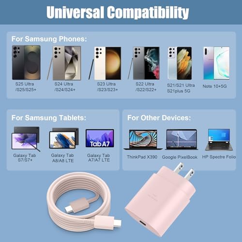 10 Ft USB C Charging Cable with 25 W Fast Charge Block – Optimal Compatibility for Samsung Galaxy S25/S24/S23 Series and Note 20/10 – Durable, Long-Lasting Performance for Home, Office, or Travel Use – Effortless Power for Your Android Devices