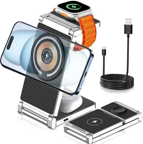 Revolutionary 3-in-1 Magnetic Foldable Wireless Charging Station for Apple Devices – Ultimate Compatibility with i Phone 15/14/13/12, Apple Watch 9/8/7/6/5/4/3/2/SE, and Air Pods 3/2/Pro – Fast, Efficient, and Portable Charging Solution for Home, Office, or Travel – Simplify Your Charging Routine with Durable, Space-Saving Design