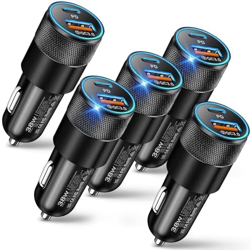 38 W Dual-Port USB C Car Charger – Fast Charging Adapter for i Phone, Samsung & Google Pixel – Compact Cigarette Lighter Charger – 5-Pack for Ultimate Compatibility & Convenience on the Go