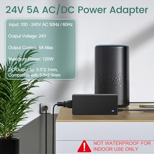 High-Performance 24 V 5 A Universal Power Supply Adapter – AC/DC Converter for LED Strips, CCTV Cameras, and Monitors – 100-240 V Input for Global Compatibility with 5.5 x 2.1 mm Connector – Reliable Power Source with Safety Features for Optimal Device Performance