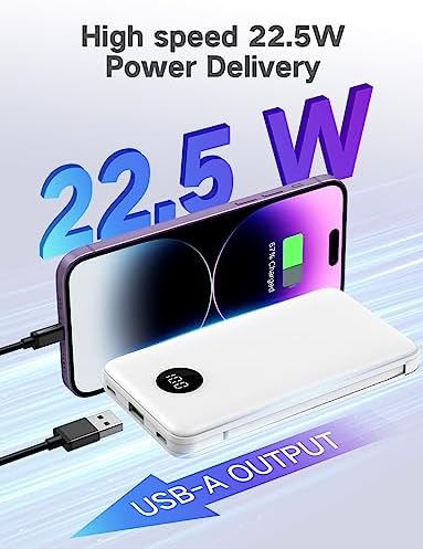 Ultra-Slim 12000 m Ah Portable Charger with Built-In Cables – 22.5 W Fast Charging Power Bank for i Phone & Android | LCD Display for Real-Time Battery Monitoring | Lightweight Travel Essential for On-the-Go Power Solutions