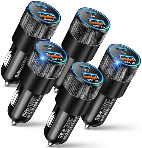 High-Speed Car Charger 5 Pack – 38 W Dual-Port USB-C & USB-A Fast Charging Adapter for i Phone 16/15/14/13, Samsung S24, Google Pixel – Lightweight, Compact Design for Versatile Vehicle Charging – Perfect for Family and Road Trips