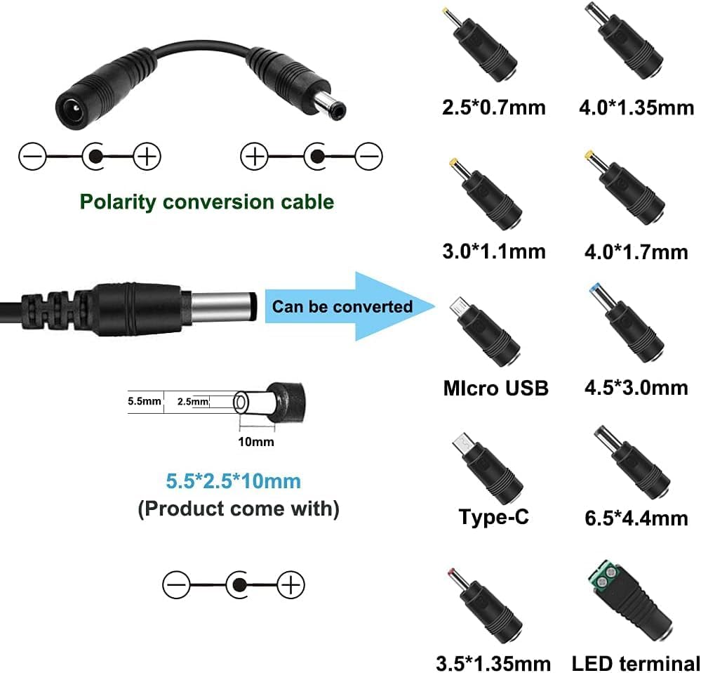 60 W Versatile AC to DC Power Supply Adapter with LED Voltage Indicator – Adjustable Output from 5 V to 24 V for Enhanced Device Compatibility, Featuring 10 Interchangeable Tips and Polarity Converter for Seamless Performance and User Convenience