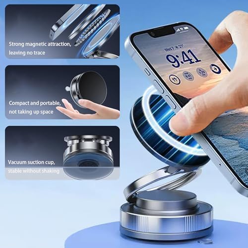 360° Rotation Magnetic Phone Mount With Vacuum Suction & Foldable Design , Hands-Free Car/Bathroom/Yoga Wall/Kitchen Mount | Compatible with MagSafe & All Smartphones – Ideal for TikTok/ASMR Creators – Enhanced Compatibility and Speed