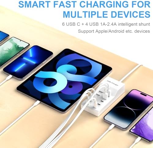 Ultimate USB Charging Hub for Multiple Devices – Fast, Smart Charge Dock with 6 USB-C & 4 USB-A Ports, Perfect for i Phone 15, Galaxy S Smartphones & More – Compact Design with Surge Protection for Home, Office & Travel