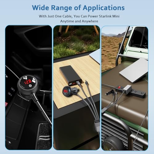 Ultimate Gem Coo Starlink Mini Cable – 3-in-1 Heavy Duty Car Charger with Real-Time Voltage Display, 10 FT DC Power Cable, and USB C to 12-24 V Cigarette Lighter Plug for Enhanced Device Compatibility and Fast Charging on the Go
