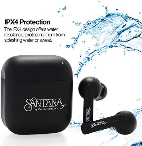 SANTANA BY CARLOS SANTANA Rio Wireless Bluetooth Earbuds – Immersive Sound Quality with 64-Hour Playback, 100-Hour Standby, IPX5 Waterproof Rating, Compact USB Charging Case, LED Battery Indicator & Voice Assistant Support – The Definitive Audio Solution for Active Lifestyles in Elegant Black
