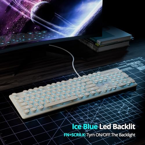 Elevate Your Workspace with the Fogruaden Retro Typewriter Keyboard – Stylish Full-Size USB Design, 104 Round Keys, and White LED Backlighting for Effortless Night Use, Ergonomic & Silent Membrane Keys Perfect for Windows PC and Laptops, Ideal for Writers and Gamers Seeking a Unique Vintage Touch