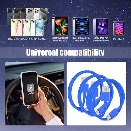 6 FT USB A to USB C Carplay Charging Cable – 3-Pack for i Phone 15/16, i Pad Pro/Air/Mini, Samsung Galaxy S25/S24/S23, and Mac Book – Fast Charging & High-Speed Data Transfer for Enhanced Compatibility on the Go