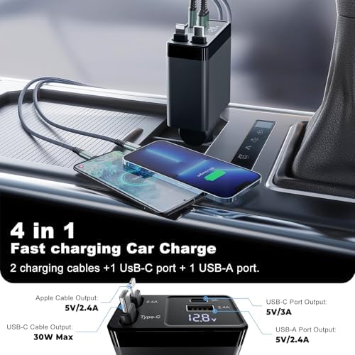 Ultimate 4-in-1 Retractable Car Charger with 2.6 ft Tangle-Free Cord – Fast Charging Solution for i Phone 16 & Android Devices, Perfect for Backseat Passengers – Compact & Durable Design for Travelers Seeking Efficiency and Organization