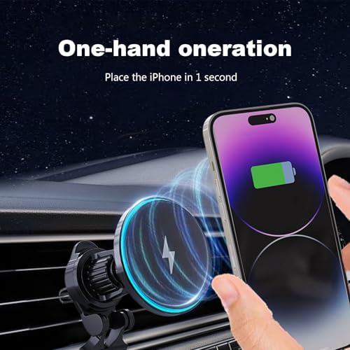Mag Safe-Compatible 15 W Wireless Car Charger with RGB LED – Magnetic Air Vent Mount for i Phone 12/13/14/15/16 Series, Hands-Free Phone Holder for Enhanced Driving Convenience and Style
