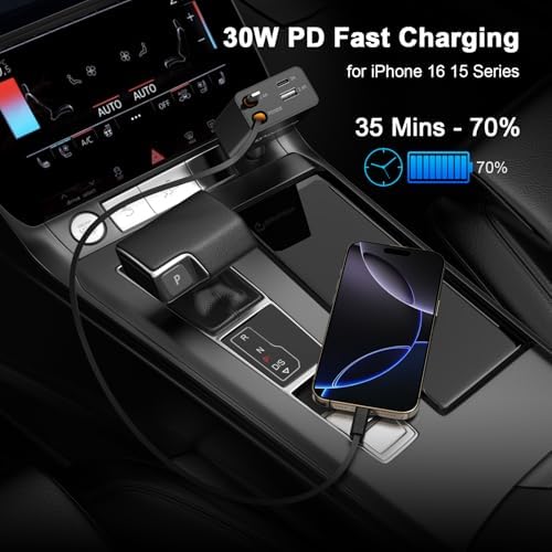 Ultimate 120 W Retractable Car Charger – 4-in-1 Super Fast Charging Solution with Dual USB Ports and 2.6 FT Tangle-Free Cable – Perfect for i Phone 16/15/14/13/12/11 Pro Max & Galaxy S24/S23 – Enhance Your Driving Experience with Reliable Power Adaptability