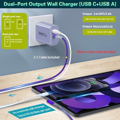 Dual Port Fast Charging Wall Adapter with 10 FT Right-Angle USB C Cable – 20 W USB-C Power Block for i Phone 16/15, Samsung Galaxy S25 Ultra, S24, S23, S10 – Efficient Charging Convenience for Home, Office, and Travel