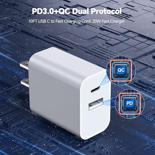 20 W Dual Port USB C & USB A Wall Charger with 10 ft USB C Fast Charging Cable – Ultimate Fast Charging Solution for i Phone 15/16, Pro Max, Plus, i Pad Pro & Android Devices – Compact, High-Speed, Enhanced Compatibility for Dual Device Charging