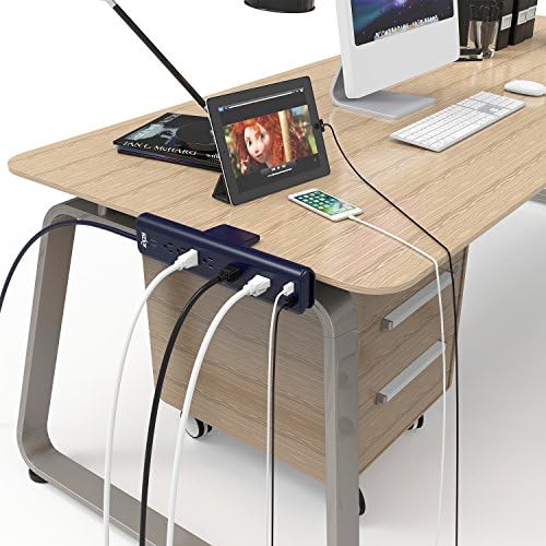 KMC 6-Outlet Surge Protector Power Strip with 7-Foot Clamp Mount Cord and 2-Port USB Charging Station – Ultimate Workspace Organizer for Home and Office with Enhanced Device Safety and Fast Charging Capabilities