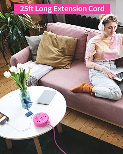 Stylish 25 ft Rose Pink Extension Cord by NTONPOWER – Flat Plug Power Strip with 3 AC Outlets & 2 USB Ports, Versatile Wall Mount Charging Station for Home, Dorm, or Office – ETL Certified for Enhanced Safety and Performance