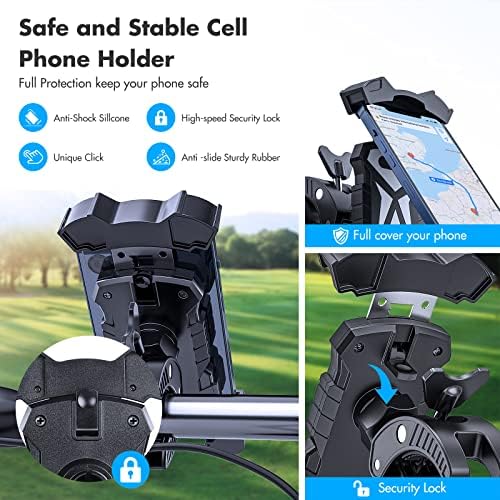 Universal Adjustable Golf Cart and Bike Phone Holder – Secure Smartphone Mount for i Phone 14, 13, 12, 11 Pro Max & Samsung Galaxy S21, S10, S9 – Versatile 360° Rotation for Optimal Viewing – Compatible with 4.7-6.8” Devices – Durable, Weather-Resistant, Hands-Free Access for Golfing and Cycling Adventures