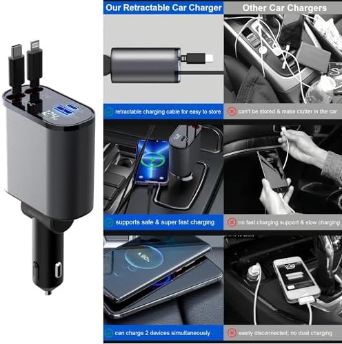 Ultimate 4-in-1 Retractable Car Charger – Fast 66 W USB C & Lightning Adapter for i Phone 15/14/13/12 Pro Max, Galaxy S24/S23, Pixel & Tablets – Compact, Durable Multi-Device Charging Solution for Road Trips and Daily Commutes