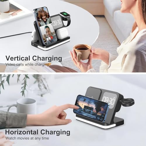 Revolutionary 7-in-1 Wireless Charging Station for Apple and Android Devices – Fast Charging Dock with Adjustable Night Light, Alarm Clock, and Anti-Slip Design for i Phone, Air Pods, and Apple Watch – Ultimate Convenience and Safety for Your Charging Needs
