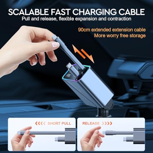Revolutionary 4-in-1 Retractable Car Charger – 146 W Fast Charging Solution with PD 65 W & 30 W Outputs, 2.9 ft Tangle-Free Cord, RGB Light for Enhanced Visibility, Perfect Compatibility for i Phone 16/15/14/13/12, Android Devices & Laptops – Sleek Gray Design for Modern Vehicles