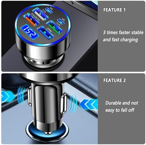 Maximize On-the-Go Charging Efficiency with the 6-Port Fast Car Charger Featuring Real-Time Voltage Monitoring and Dual PD/QC3.0 Technology – Ideal for i Phone 13/14/15 & Most Android Devices – Essential Travel Companion (2 Pack)
