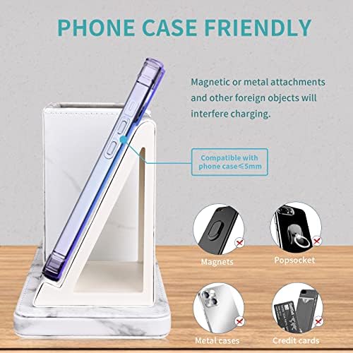 Sleek Marble Finish Wireless Charging Station with Desk Organizer – Fast Qi-Certified Charger for i Phone 13/12/11 Series, Effortless Device Power-Up & Luxurious Leather Accents for an Organized Workspace