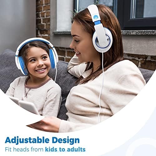 Rockpapa Kids Over-Ear Headphones – Lightweight Wired Audio Gear for School, Travel, and Home – Stylish White and Blue Design for Boys and Girls – Immersive Sound Quality with Adjustable Comfort and Durable Build for Young Audiophiles